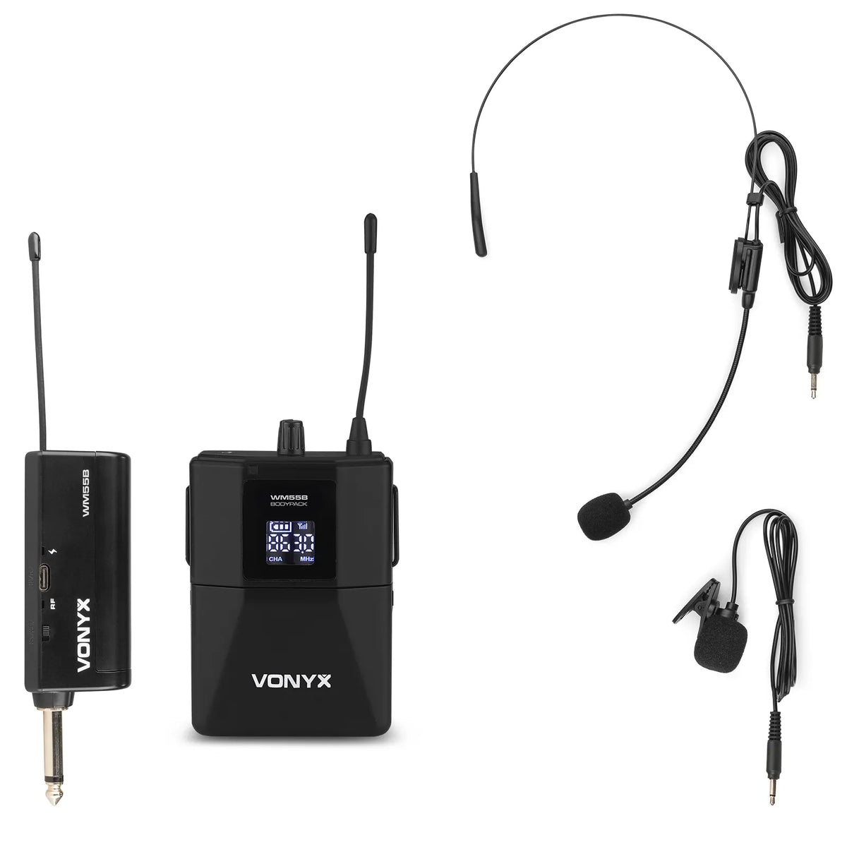Sistema inalámbrico Vonyx WM55B con receptor, micrófono de petaca, micrófono de cabeza y lavalier