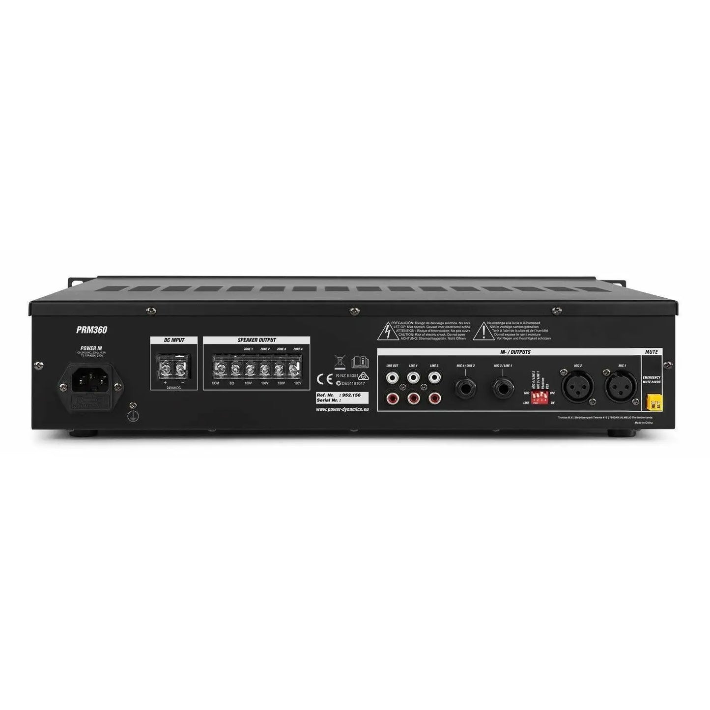 Power Dynamics PRM360 Mezclador Amplificador 100V 6 Canales 4-Zonas 360W
