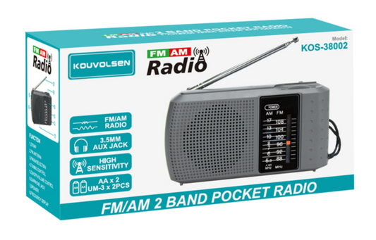 Kouvolsen KOS-38002 radio portátil AM/FM — vista lateral