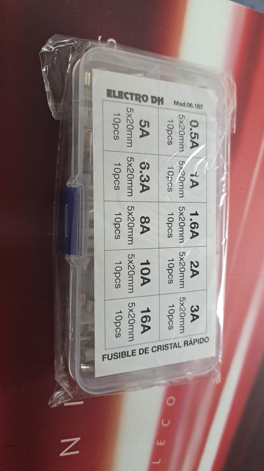 Kit de 100 fusibles de cristal rápidos 5 × 20 mm surtidos | Ref. 06.107