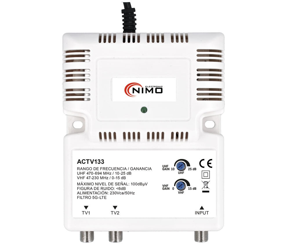 NIMO ACTV133 amplificador interior de antena TV con entrada F, dos salidas y reguladores UHF y VHF