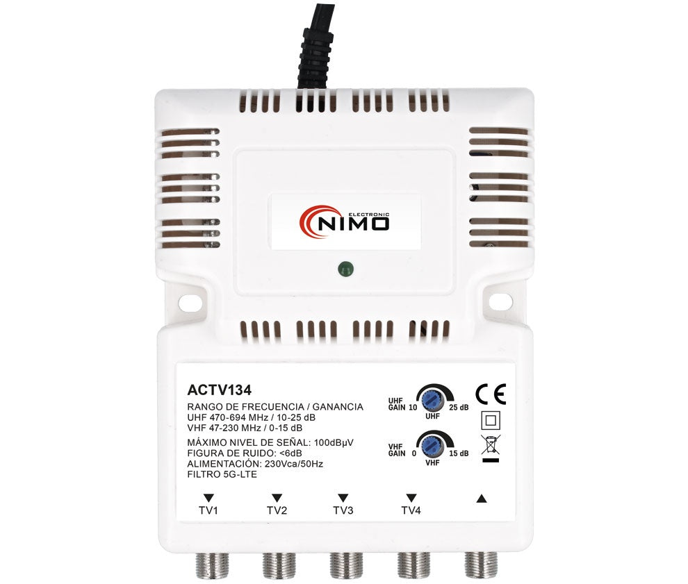 Amplificador Interior de Antena TV 1 Entrada 4 Salidas VHF/UHF Ganancia Regulable Filtro 5G
