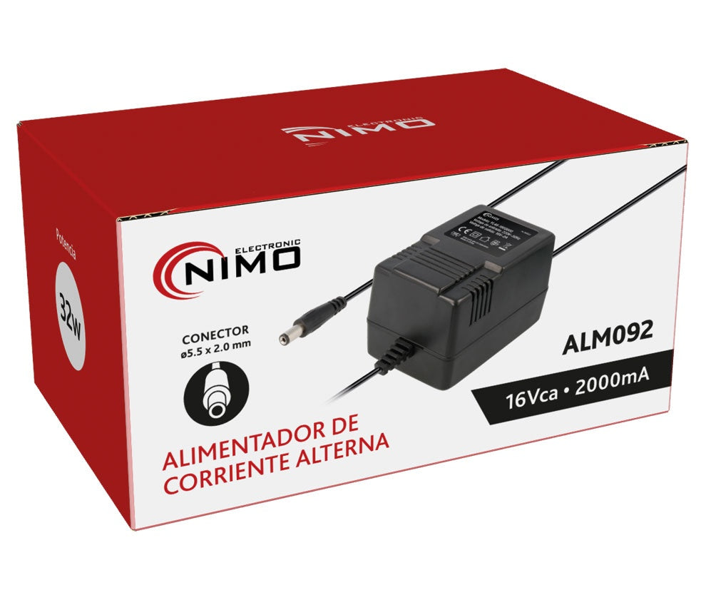 Alimentador Corriente Alterna 16V AC 2000mA | NIMO ALM092 | Jack 5,5x2,0mm