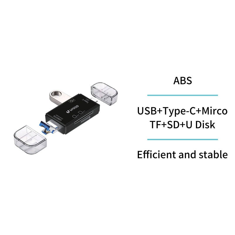Lector de tarjetas negro UNICO AD2730 con conectores USB, USB-C y Micro USB