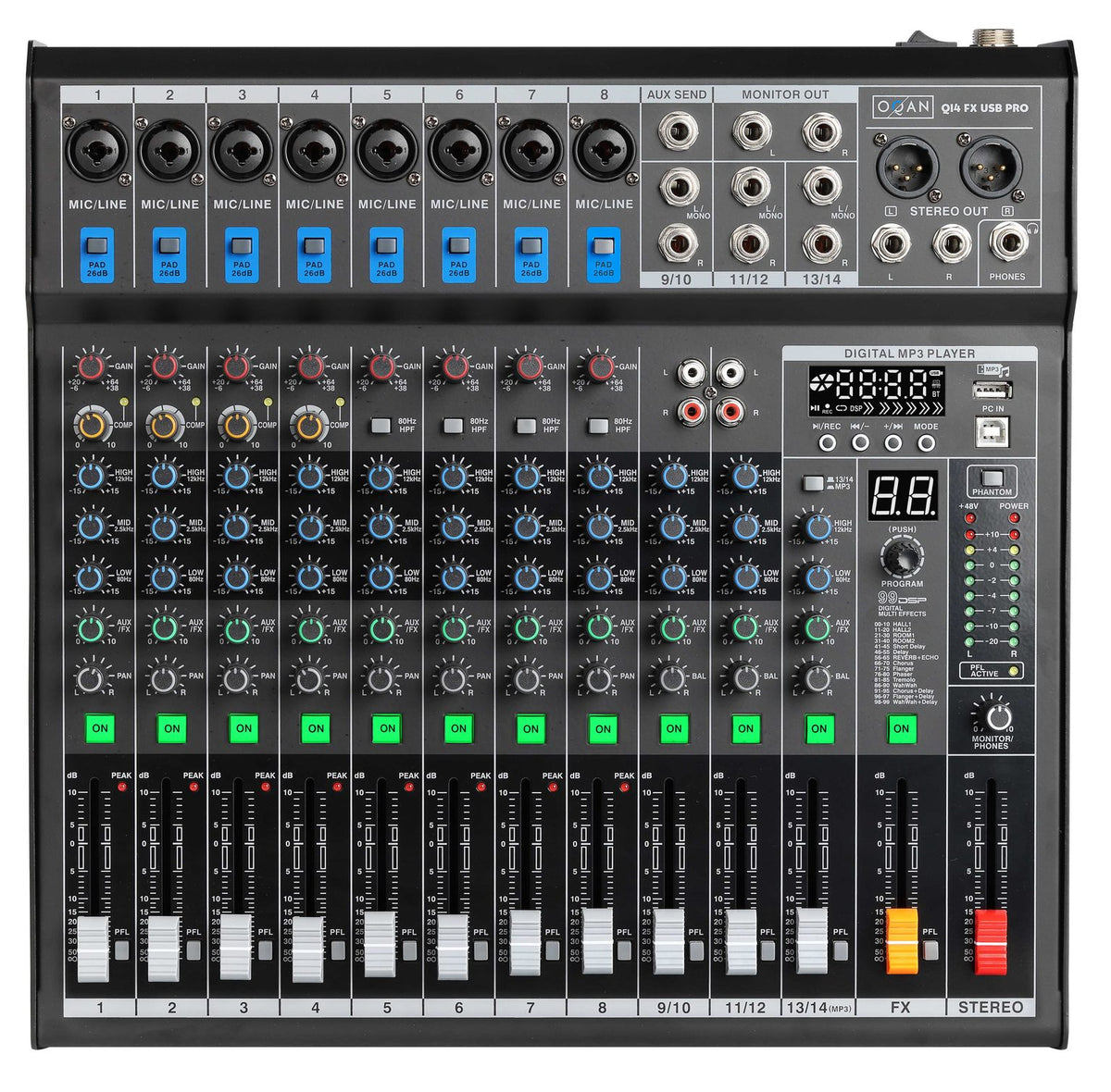 OQAN Q14 FX USB PRO Mesa de mezclas de 14 canales