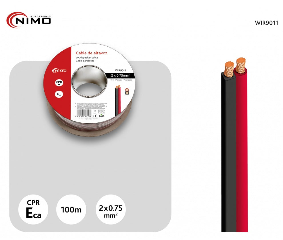 Bobina cable altavoz NIMO WIR9011 2x0,75mm² CCA rojo-negro 100 metros
