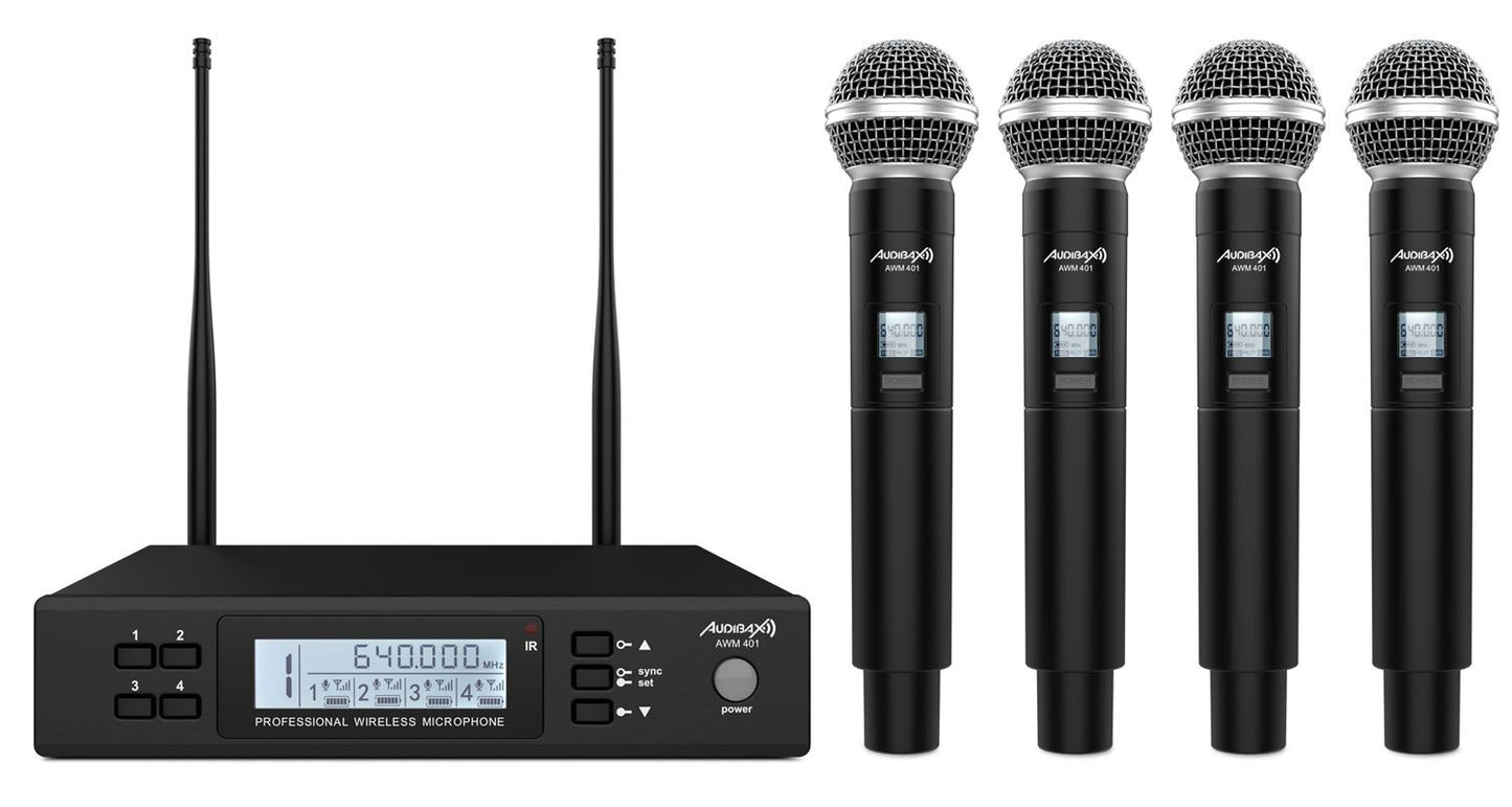 Audibax AWM 401 Sistema Inalámbrico Micrófono de Mano de 4 Canales UHF