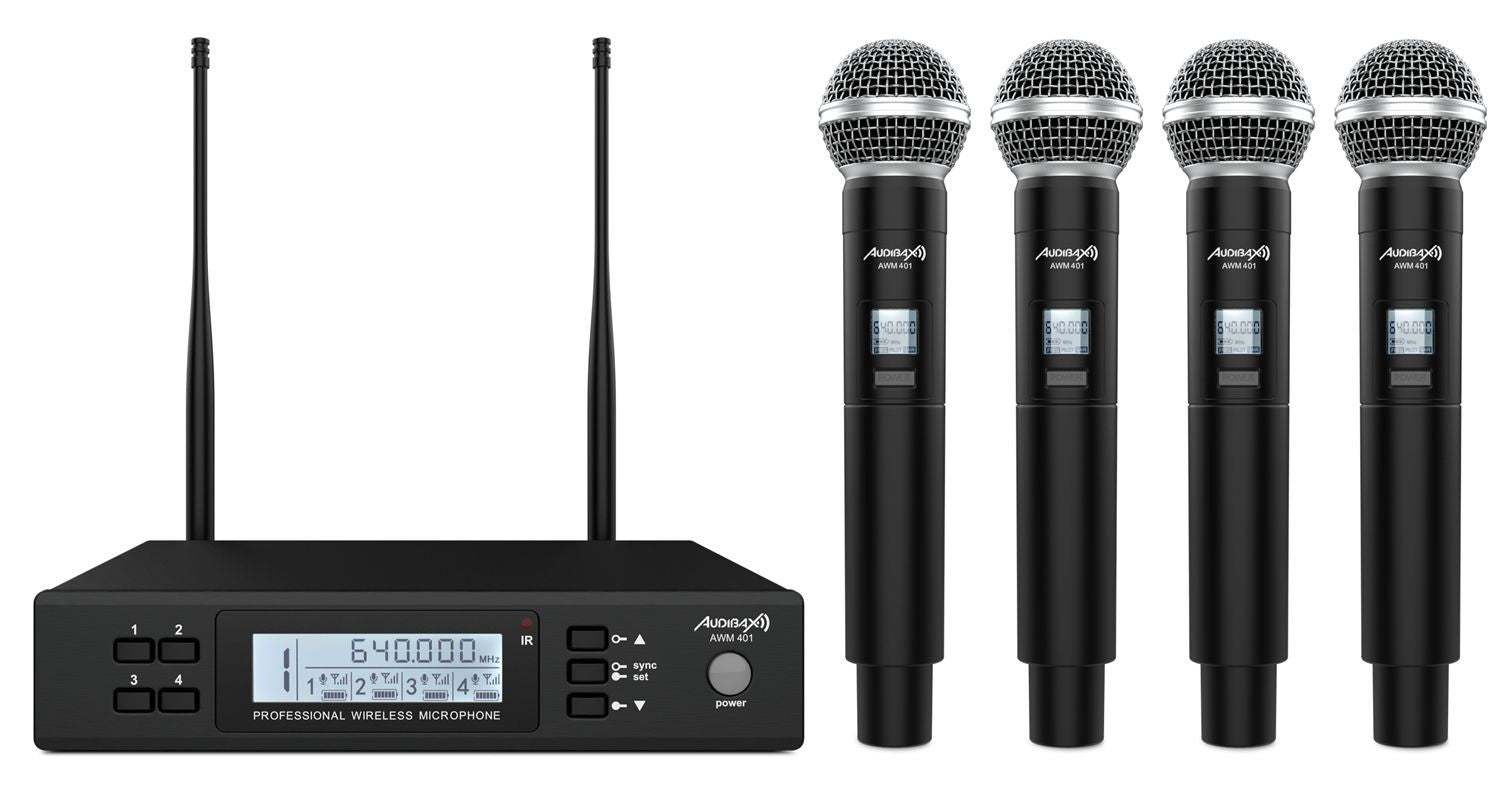 Audibax AWM 401 Sistema Inalámbrico Micrófono de Mano de 4 Canales UHF