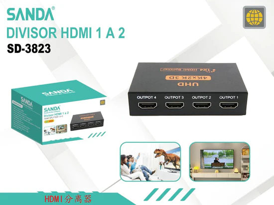 Sanda SD-3823 Divisor HDMI 1 entrada 4 salidas 4K 30Hz Plug and Play
