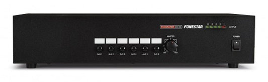 Amplificador de megafonía con selector de 6 entradas auxiliares y micro