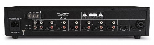 Amplificador de megafonía con selector de 6 entradas auxiliares y micro