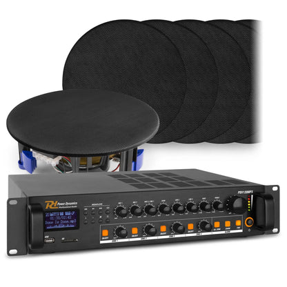 Power Dynamics Sistema de Sonido 4 Zonas PDV120MP3 + 12 Altavoces de Techo NCSP6B