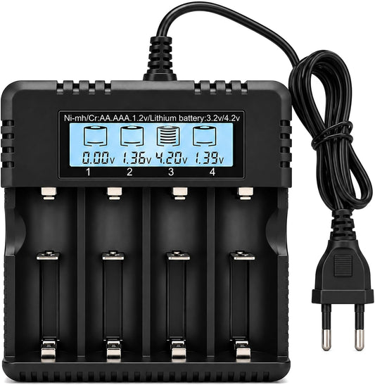 Cargador de baterías VT4 negro con cuatro ranuras, pantalla LCD y cable con enchufe europeo