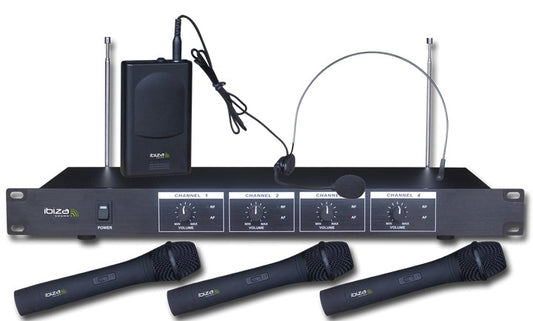 Pack 4 microfonos inalambricos 3 de mano uno de diadema VHF-4
