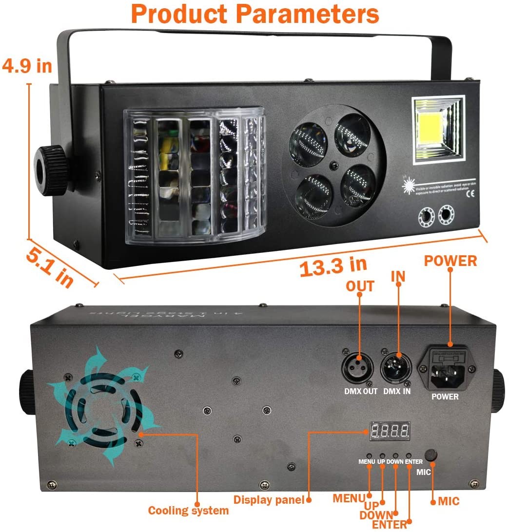 Efecto led  rgbw 4 in 1 con derby + laser + strobo + flower.