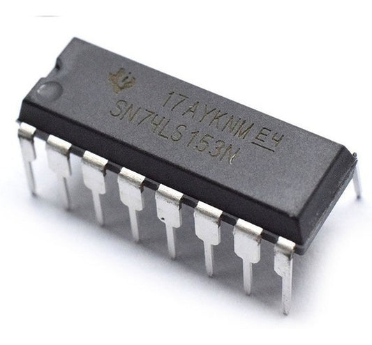 Circuito integrado SN74LS153N en encapsulado DIL-16 negro con dos filas de patillas metálicas