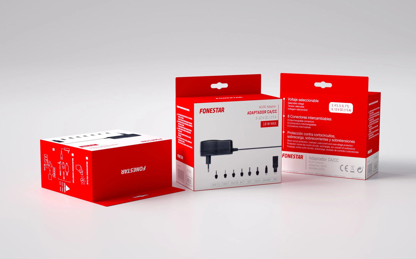 Fonestar AD-1218 | Adaptador CA/CC 3-12 V 1,5 A 18 W con 8 Conectores