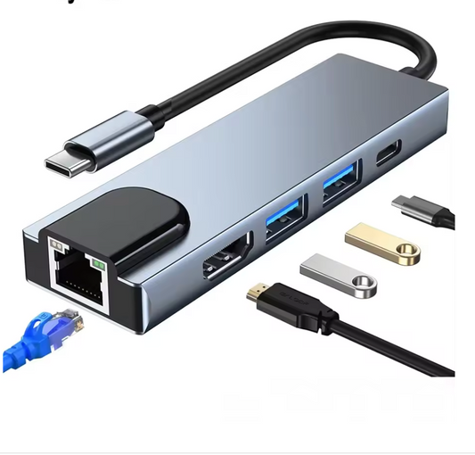 Hub USB-C gris con puerto Ethernet RJ45, HDMI, dos USB-A y un puerto USB-C