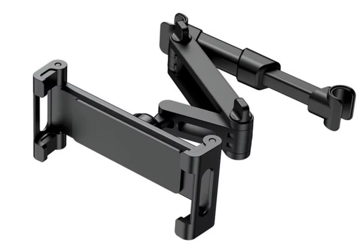 Soporte negro Onemax X64 para móvil y tablet con brazo articulado y fijación al reposacabezas