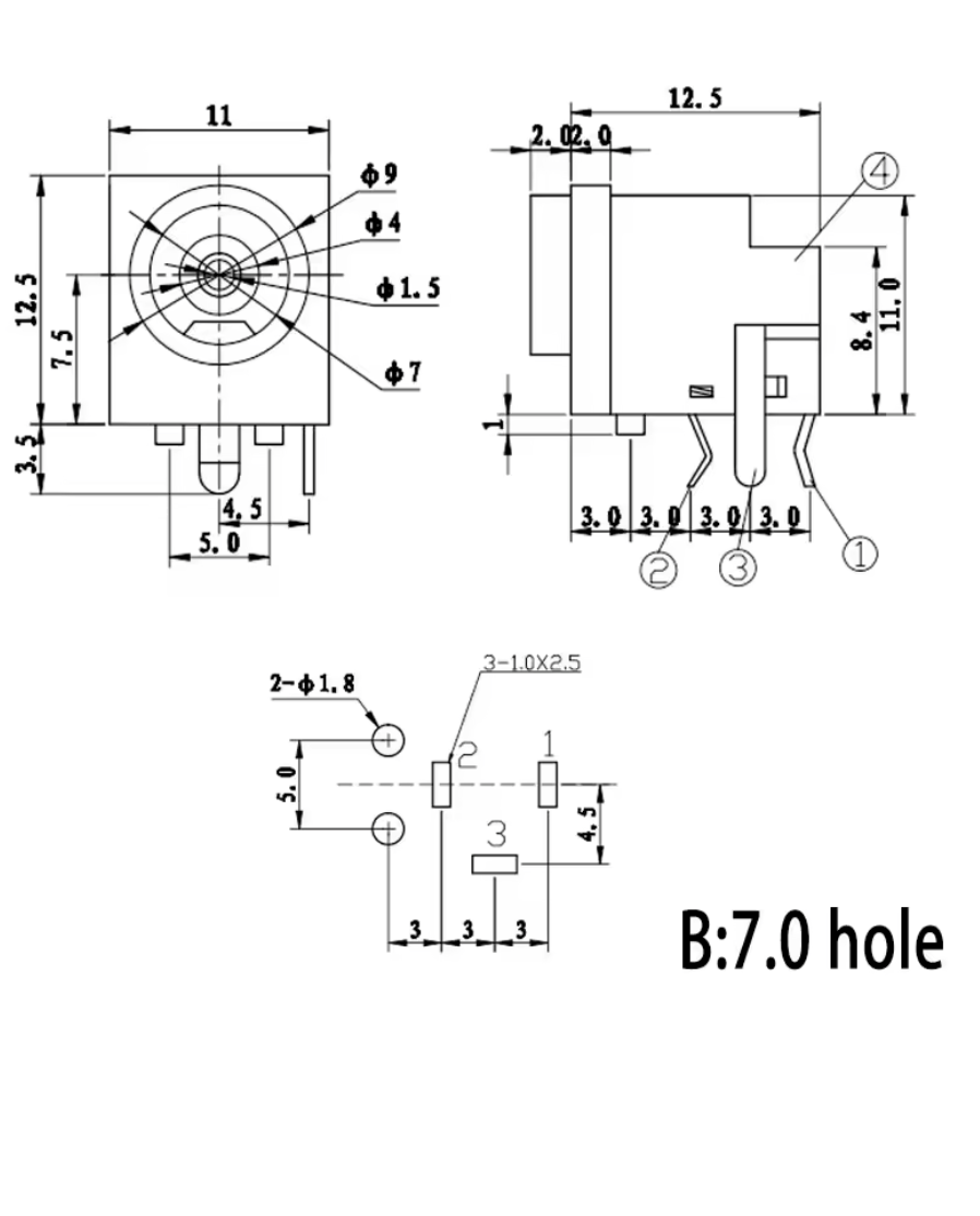 PCB7 Conector Hembra de Alimentación CC Horizontal 3 Patas