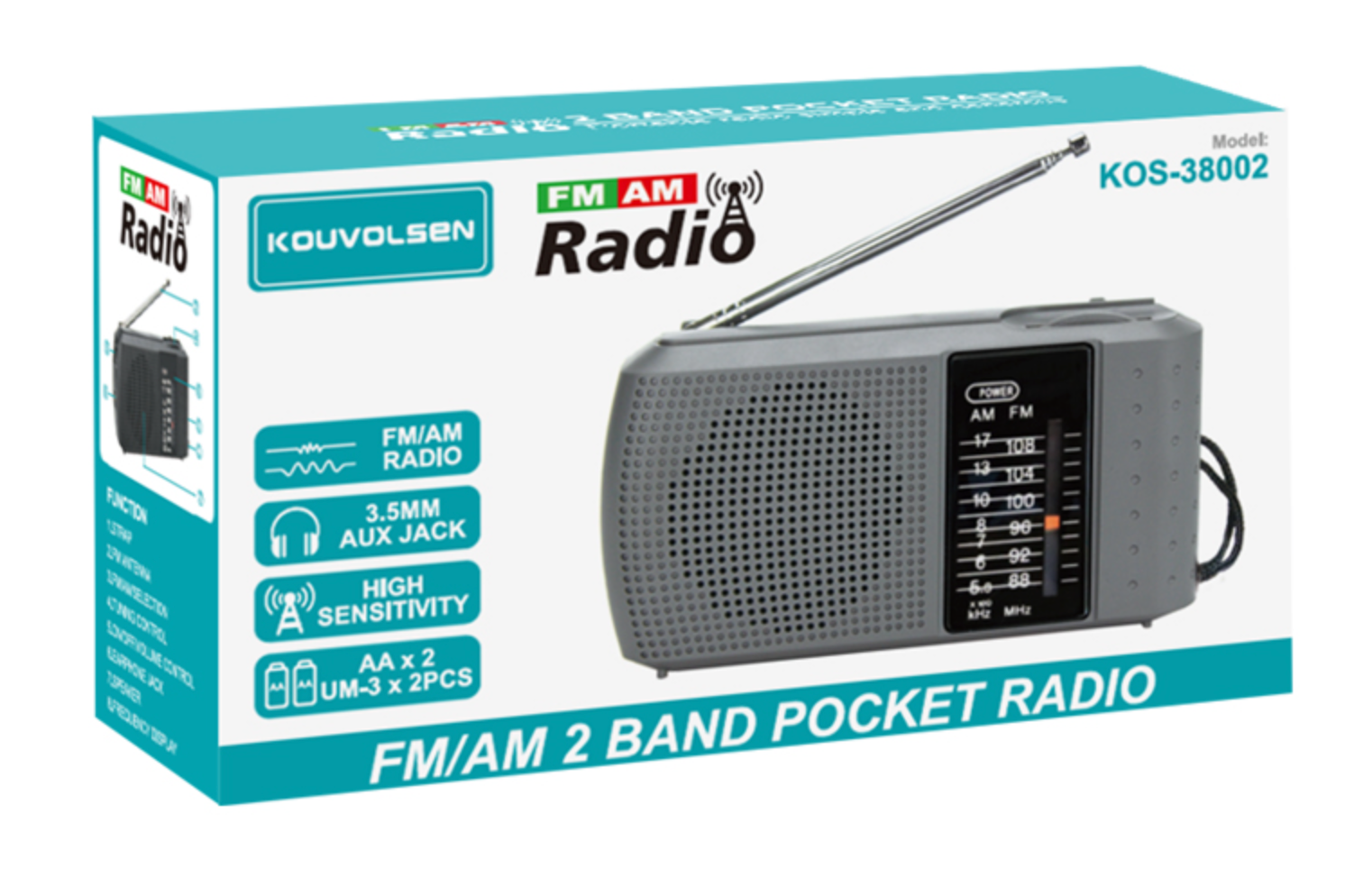 Kouvolsen KOS-38002 radio portátil AM/FM — vista lateral
