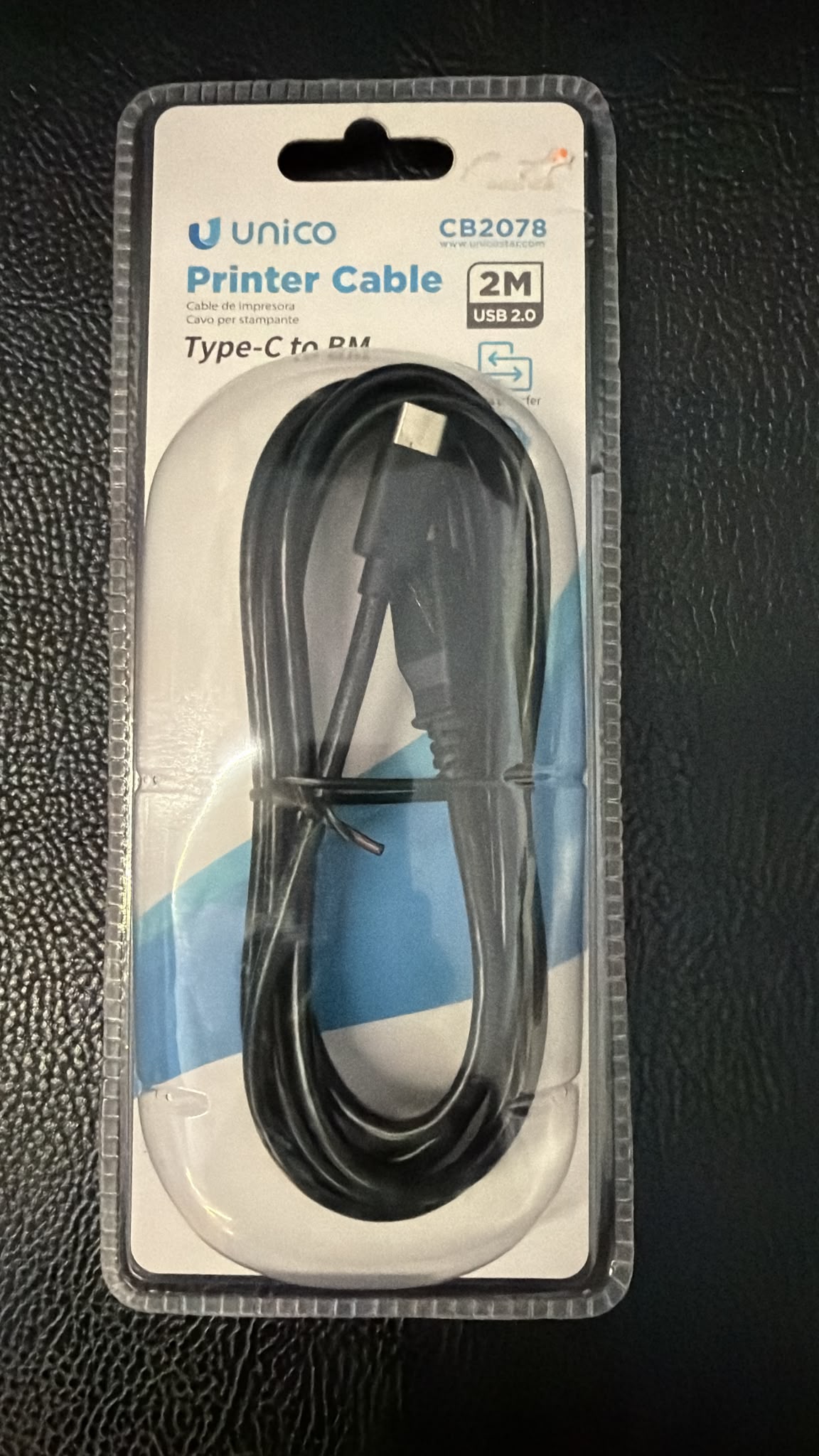 UNICO CB2078 cable USB-C a USB-B USB 2.0 de 2 metros, frontal del envase