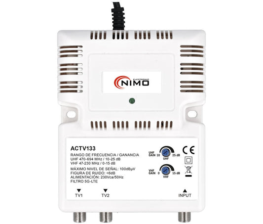NIMO ACTV133 amplificador interior de antena TV con entrada F, dos salidas y reguladores UHF y VHF