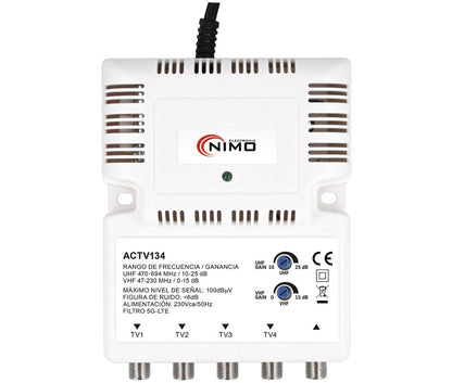 Amplificador Interior de Antena TV 1 Entrada 4 Salidas VHF/UHF Ganancia Regulable Filtro 5G