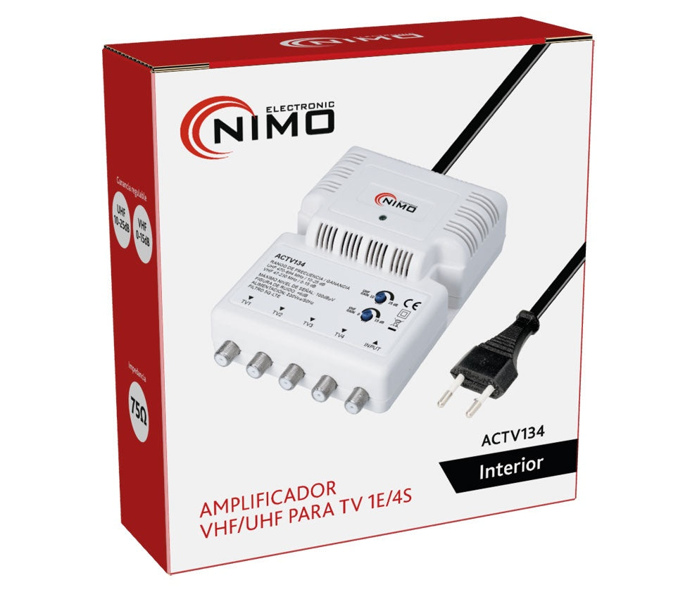 Amplificador Interior de Antena TV 1 Entrada 4 Salidas VHF/UHF Ganancia Regulable Filtro 5G