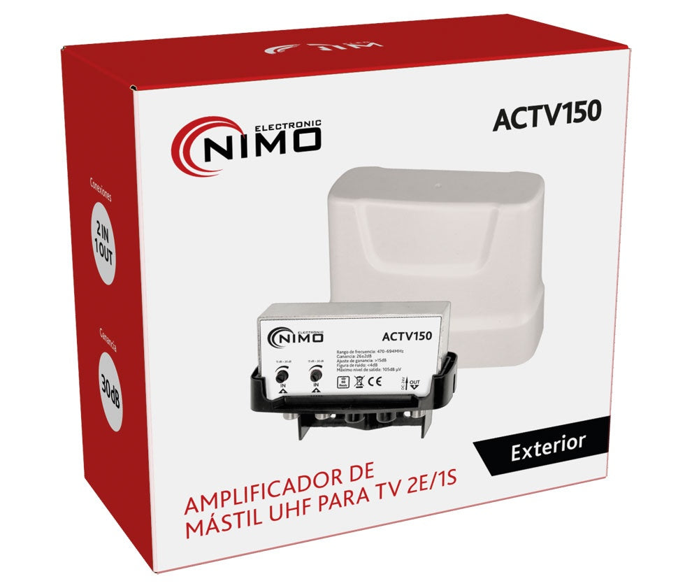 Embalaje NIMO ACTV150, amplificador de mástil UHF de dos entradas y una salida