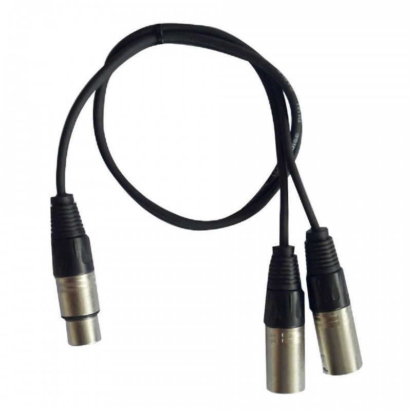 Cable Y HILEC H10670 con un conector XLR hembra de 3 pines y dos conectores XLR macho de 3 pines