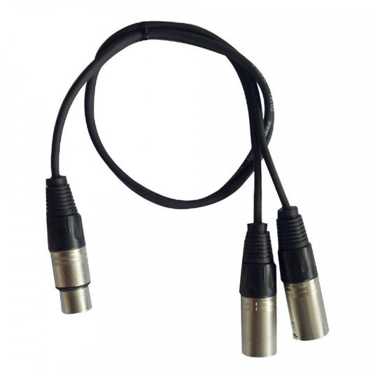 Cable Y HILEC H10670 con un conector XLR hembra de 3 pines y dos conectores XLR macho de 3 pines