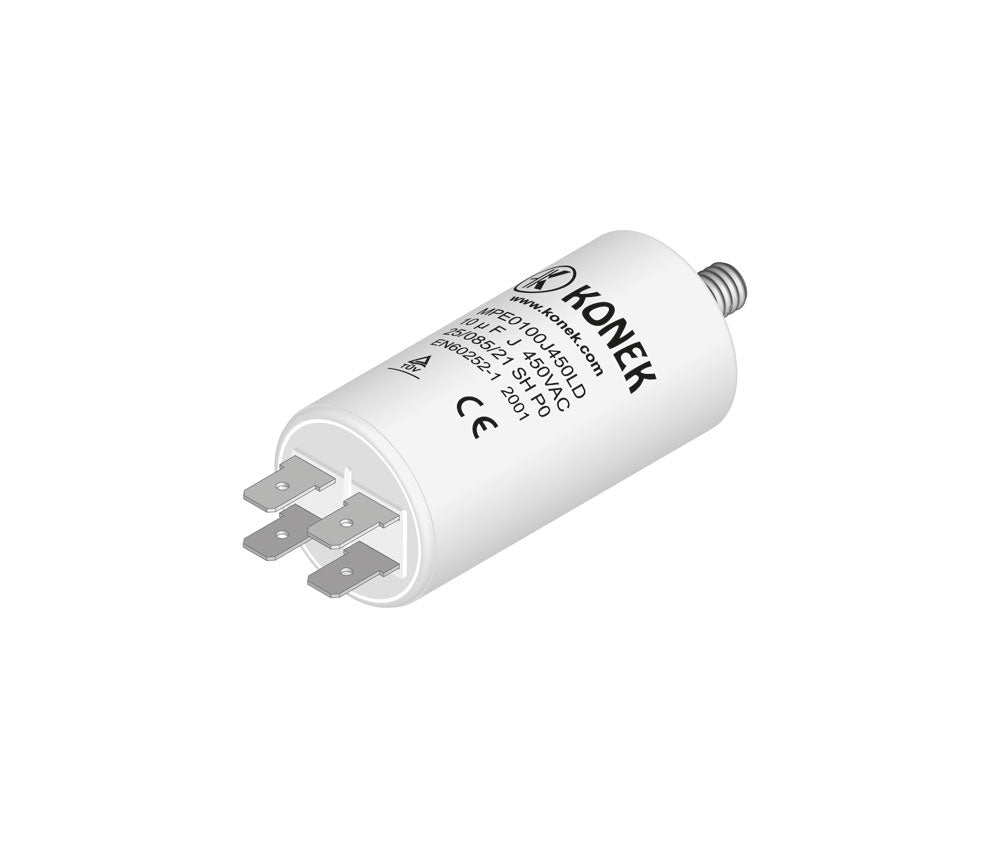 Condensador KONEK CPM10MF de 10 µF 450 Vca con doble faston y tornillo de fijación M8