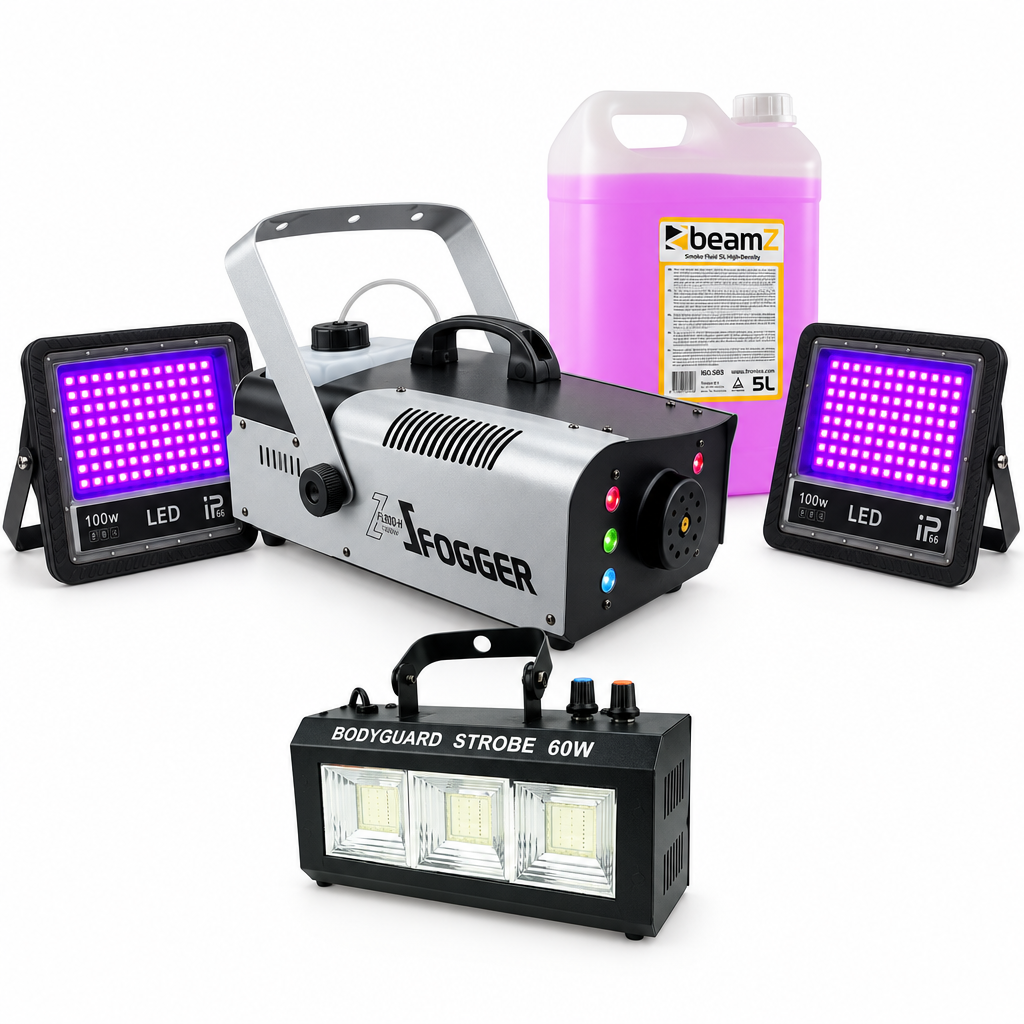 Pack Halloween con máquina de humo Spanlight 900 W, líquido BeamZ de 5 litros, strobo de 60 W y dos focos UV