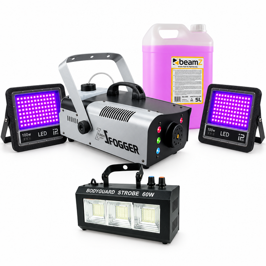 Pack Halloween con máquina de humo Spanlight 900 W, líquido BeamZ de 5 litros, strobo de 60 W y dos focos UV