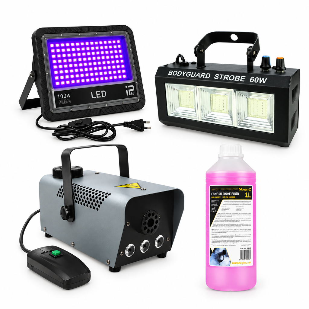 Pack Halloween con foco UV, máquina de humo, líquido de 1 litro y strobo ST-60