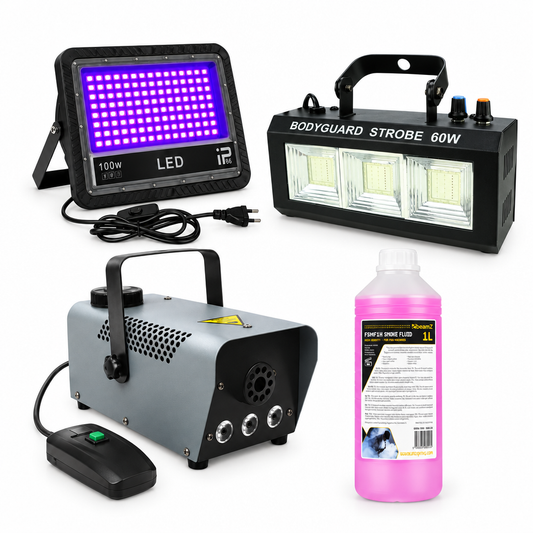 Pack Halloween con foco UV, máquina de humo, líquido de 1 litro y strobo ST-60