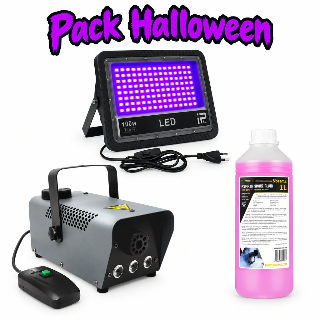 Pack Halloween: foco UV 100 W, máquina de humo SPANLIGHT F440L y líquido BeamZ FSMF1H de 1 litro
