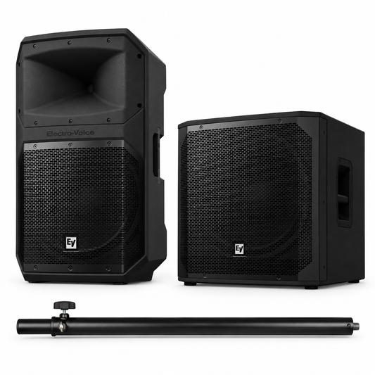 Kit con un altavoz Electro-Voice EVIVA 15P, un subwoofer EVIVA 18SP y un soporte telescópico M20 de 35 mm