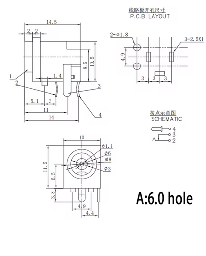 PCB6 Conector Hembra de Alimentación CC Horizontal 3 Patas