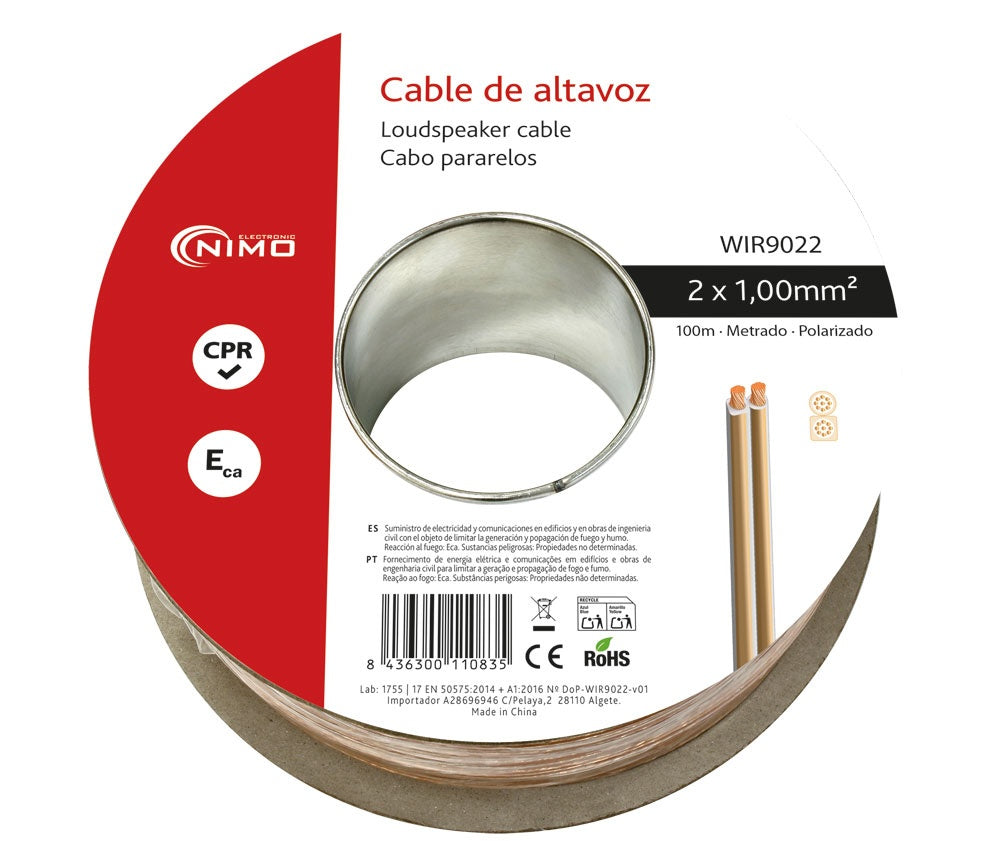 Bobina Cable de Altavoz 2 × 1 mm² CCA Transparente 100 m NIMO
