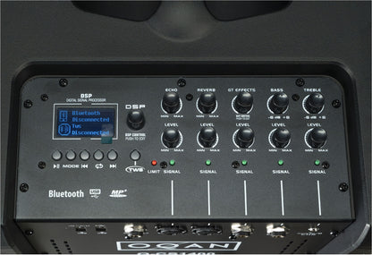 Panel de control del OQAN Q-CS1400 con pantalla DSP y controles de efectos y nivel