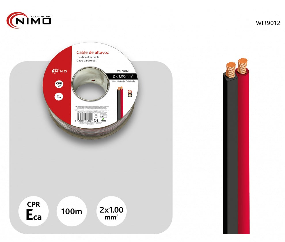 NIMO WIR9012 Bobina cable altavoz 2x1mm² CCA rojo negro 100 metros
